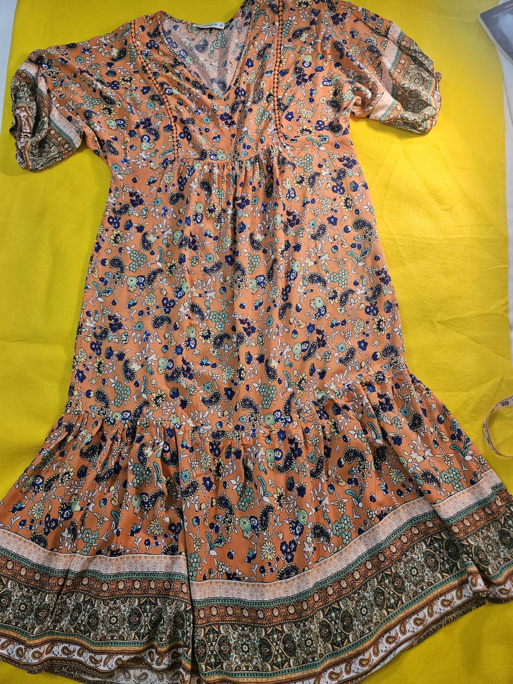 Women's Boho Orange Floral Maxi Dress with Border Print